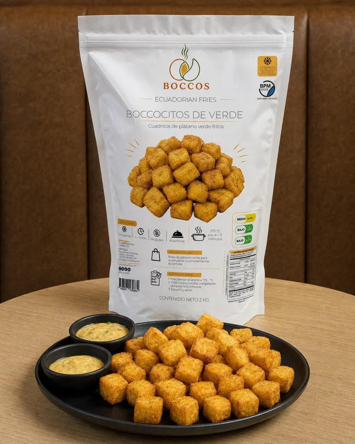 Boccocitos de verde Boccos: empaque y producto preparado