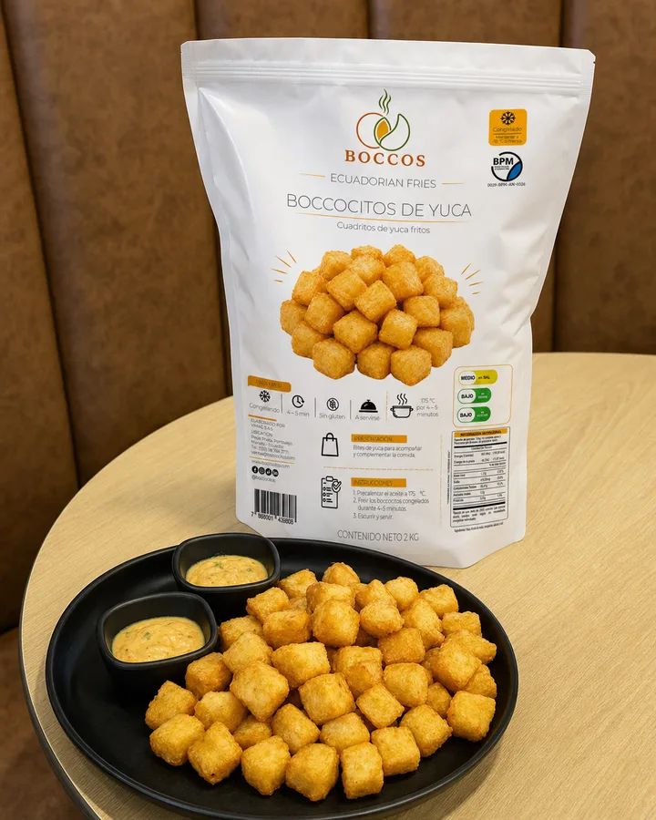 Boccocitos de yuca Boccos: empaque y producto preparado