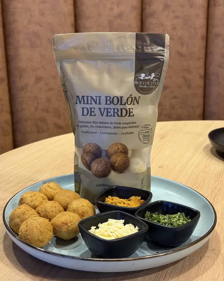 Mini bolón de verde Boccos: empaque y producto preparado